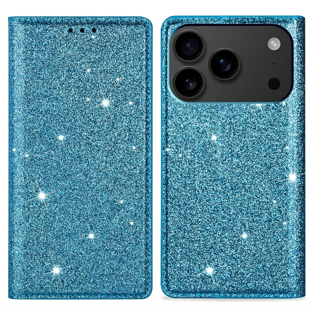 For iPhone 18 Pro / 17 Pro Case Glittery PU Leather + TPU Card Slot Phone Cover - Blue - 1