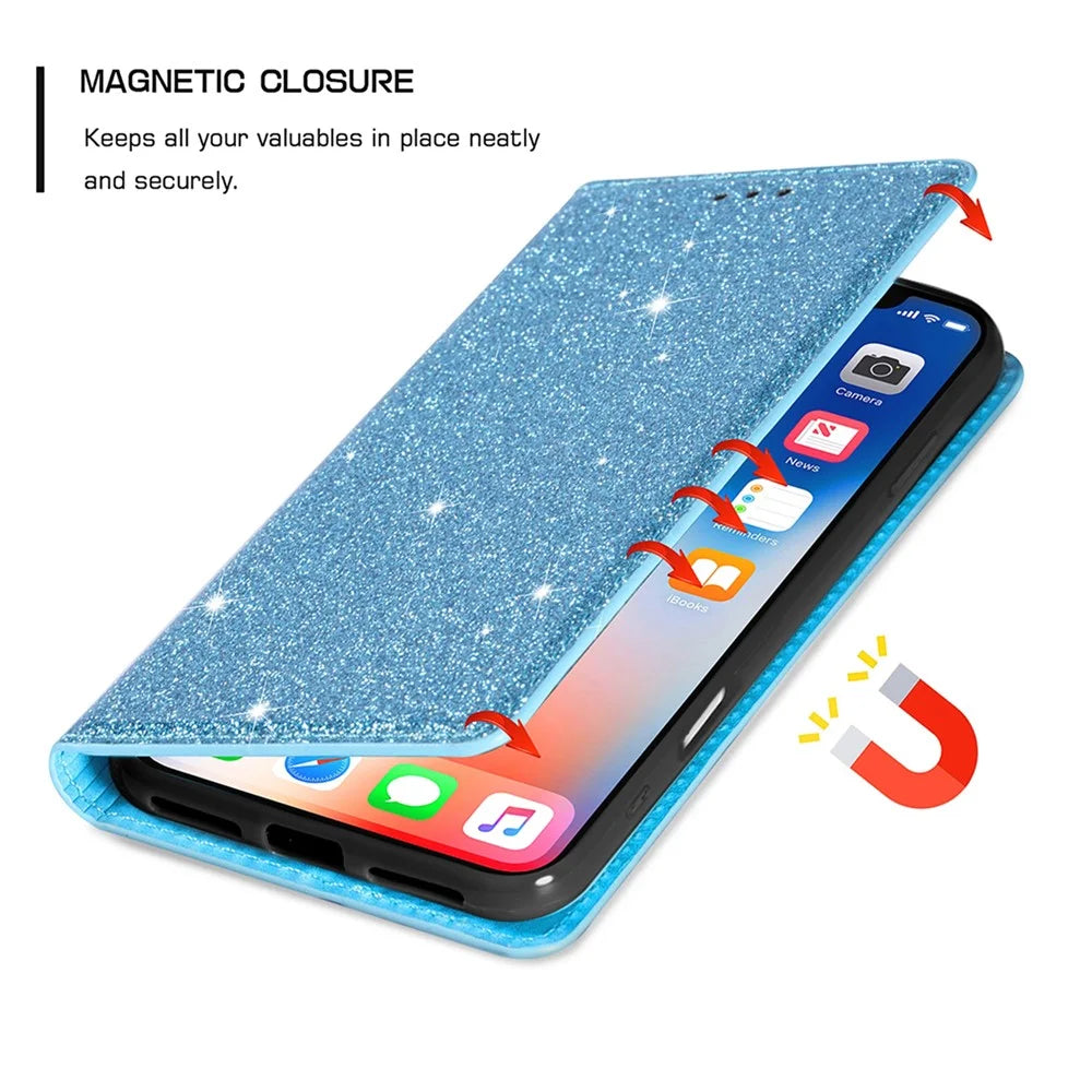 For iPhone 18 Pro / 17 Pro Case Glittery PU Leather + TPU Card Slot Phone Cover - Blue - 4