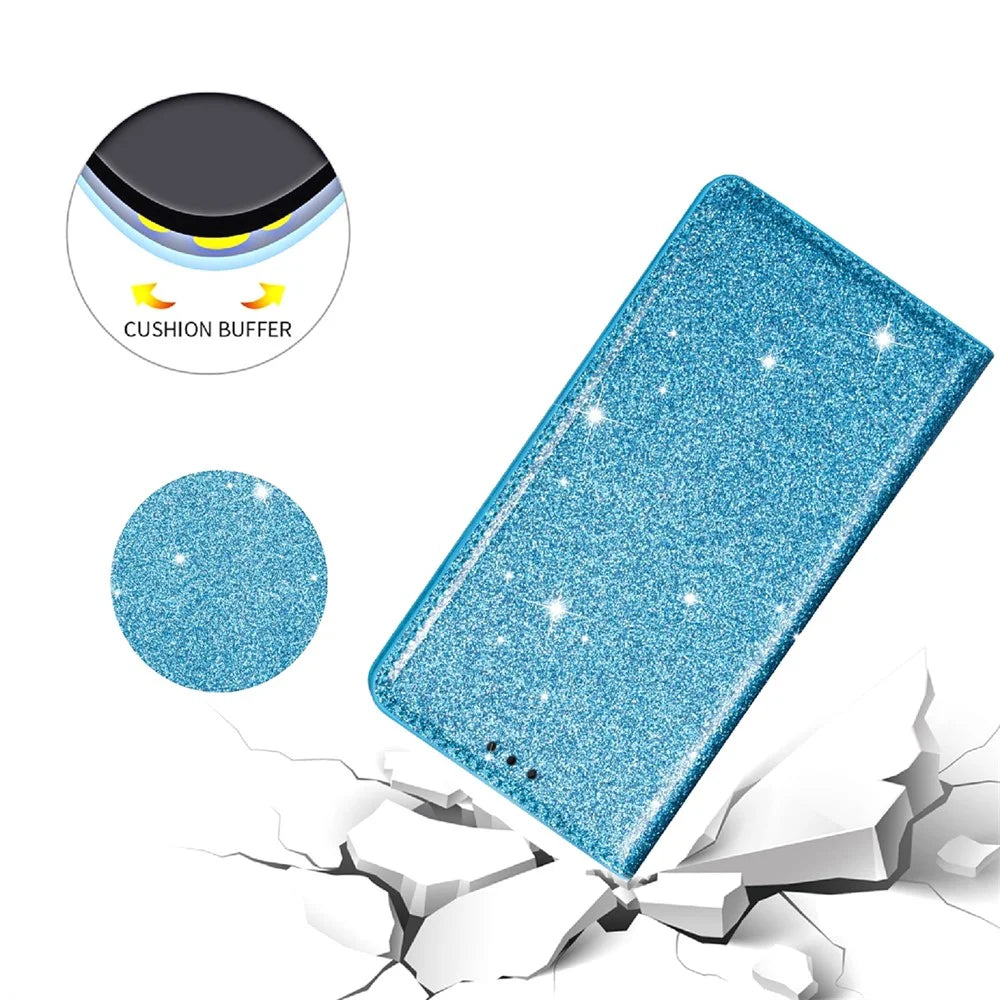 For iPhone 18 Pro / 17 Pro Case Glittery PU Leather + TPU Card Slot Phone Cover - Blue - 5