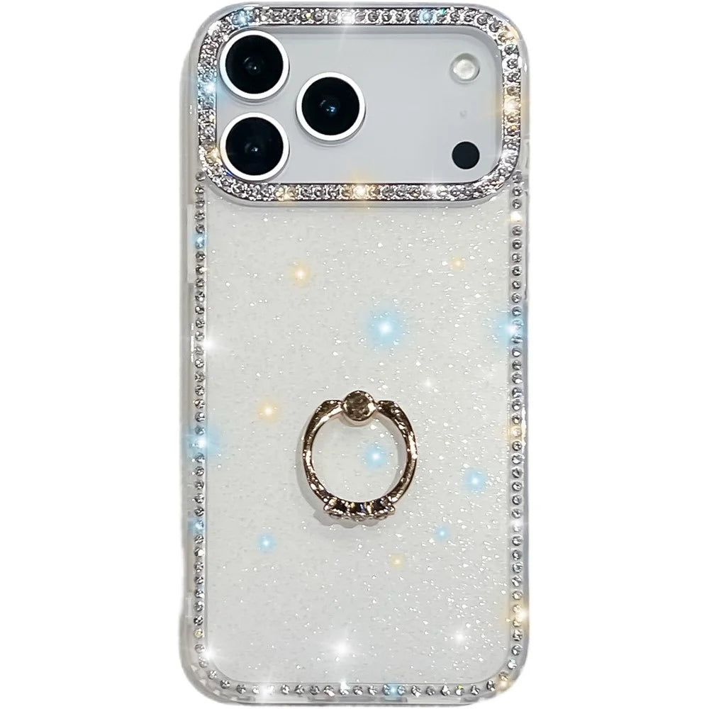For iPhone 18 Pro / 17 Pro Case with Ring Kickstand Rhinestone Edge TPU + PC IMD Phone Cover - Glitter White - 1