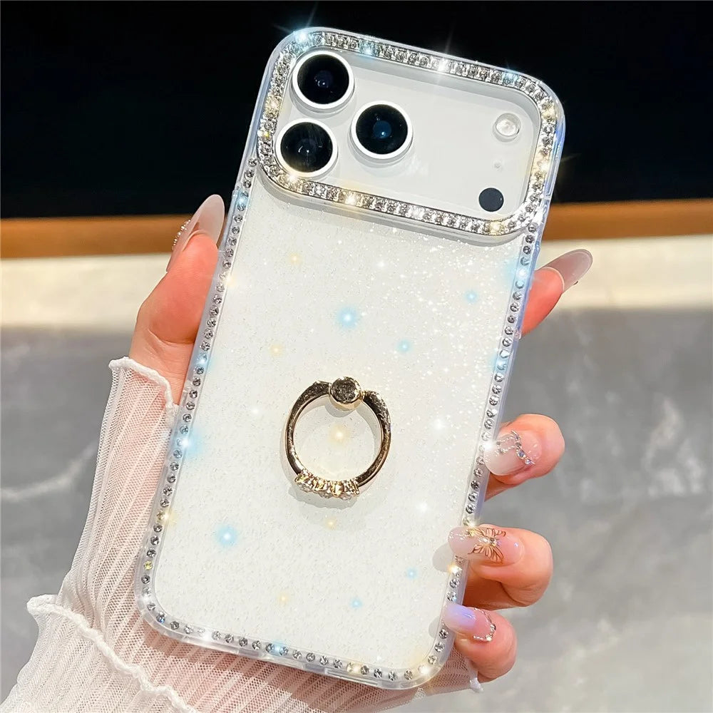For iPhone 18 Pro / 17 Pro Case with Ring Kickstand Rhinestone Edge TPU + PC IMD Phone Cover - Glitter White - 2