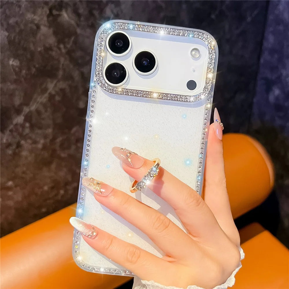 For iPhone 18 Pro / 17 Pro Case with Ring Kickstand Rhinestone Edge TPU + PC IMD Phone Cover - Glitter White - 3