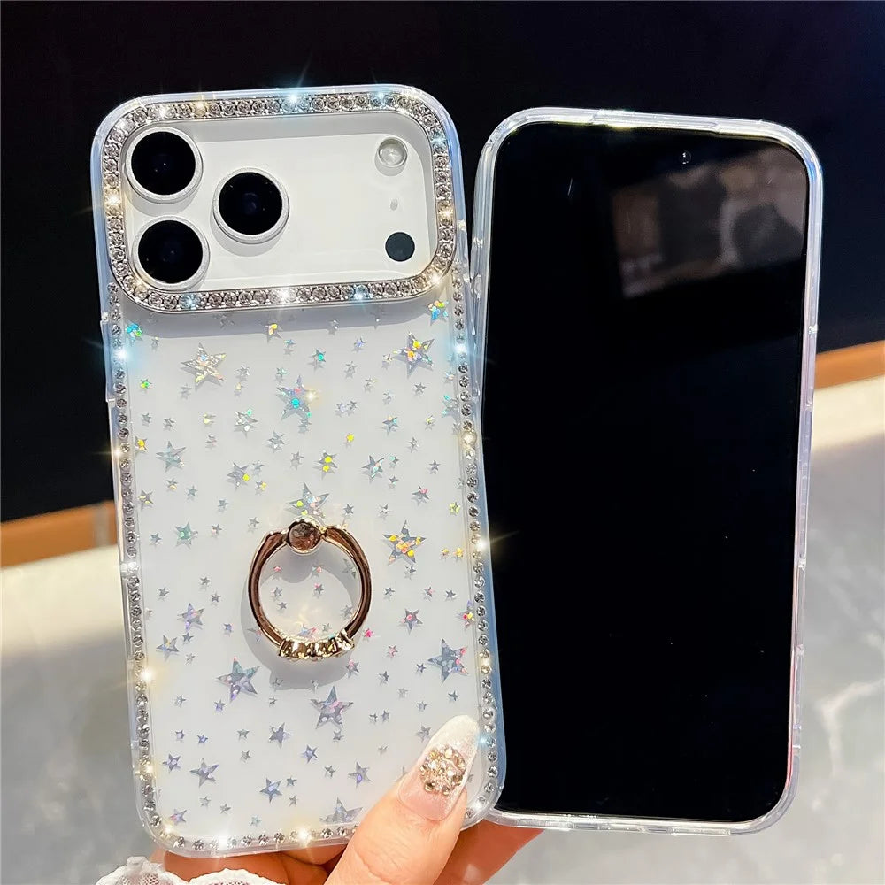 For iPhone 18 Pro / 17 Pro Case with Ring Kickstand Rhinestone Edge TPU + PC IMD Phone Cover - Glitter White - 4