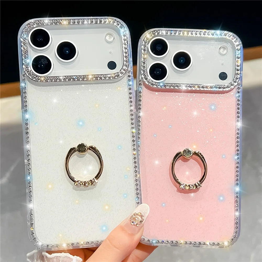 For iPhone 18 Pro / 17 Pro Case with Ring Kickstand Rhinestone Edge TPU + PC IMD Phone Cover - Glitter White - 7