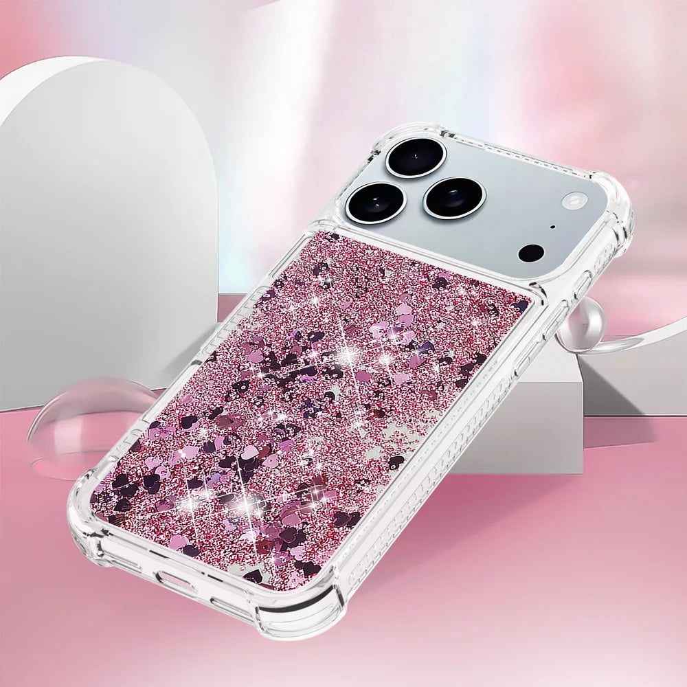 For iPhone 18 Pro / 17 Pro TPU Case Glitter Quicksand Shockproof Phone Back Cover - Rose Gold / Hearts - 5