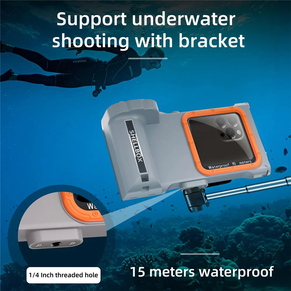 SHELLBOX Pro Gen 3 Waterproof Case for iPhone 16 Pro Max X XR XS Max/Samsung Galaxy S25 Ultra Bluetooth-Compatible 15m Diving Shell - Grey - 7