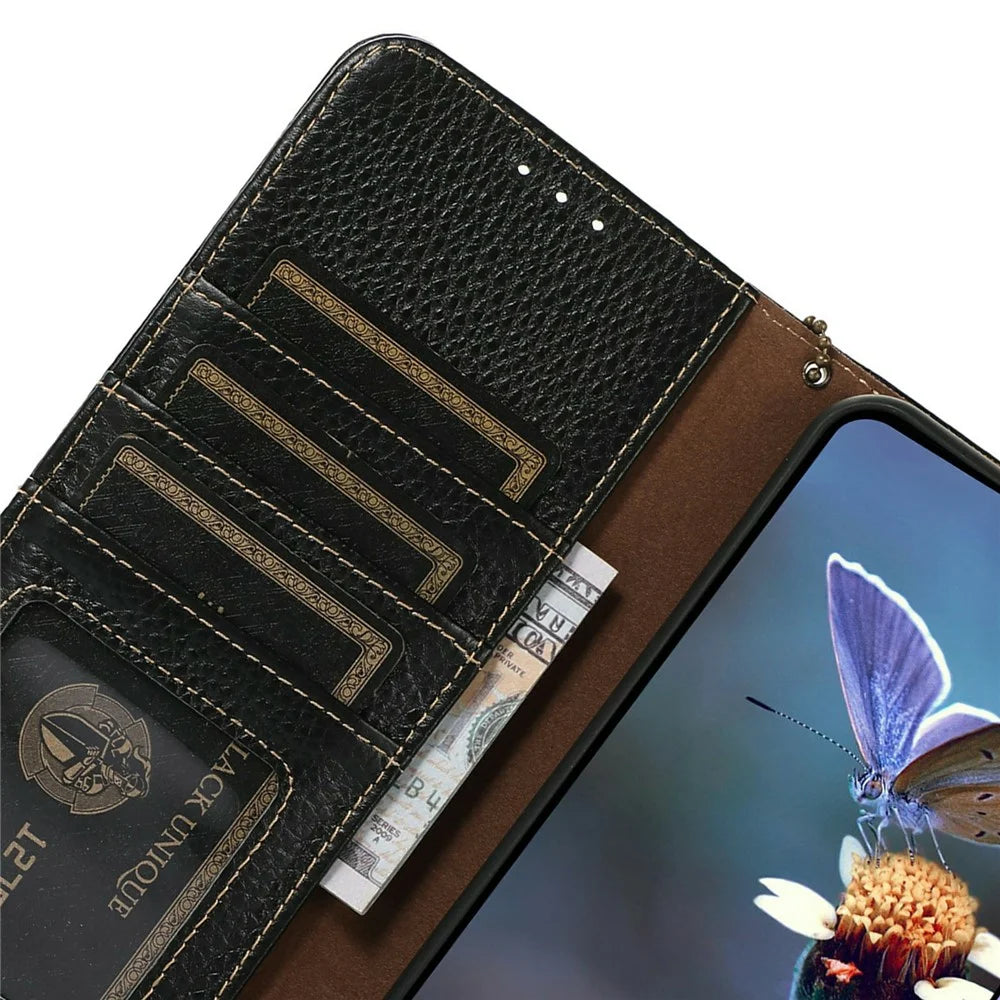 For iPhone 18 Pro Max / 17 Pro Max Case RFID Blocking Genuine Cow Leather Phone Cover Litchi Texture - Black - 5