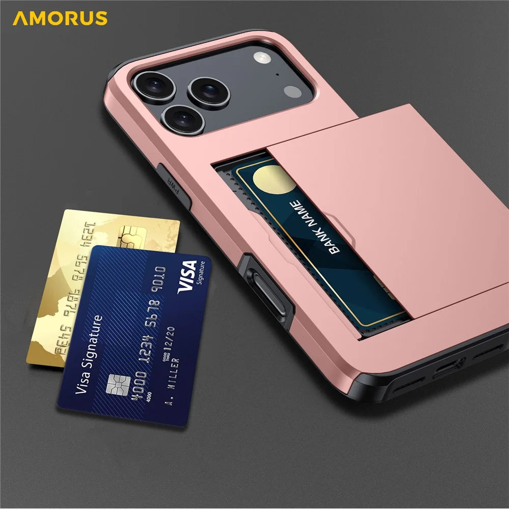 AMORUS For iPhone 18 Pro Max / 17 Pro Max Case with Sliding Card Holder PC TPU Phone Back Cover - Rose Gold - 5