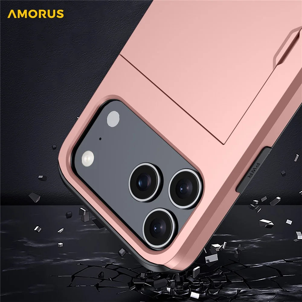 AMORUS For iPhone 18 Pro Max / 17 Pro Max Case with Sliding Card Holder PC TPU Phone Back Cover - Rose Gold - 6