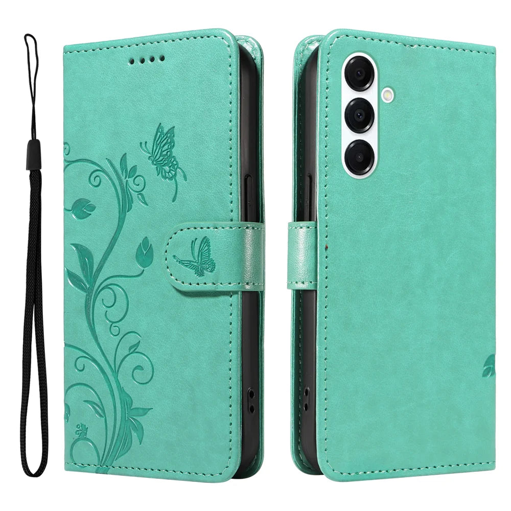 For Samsung Galaxy A18 5G / A17 5G / A26 5G / A16 5G / A16 4G PU Leather Cases Flower Pattern Wallet Stand Phone Cover with Strap - Green - 1