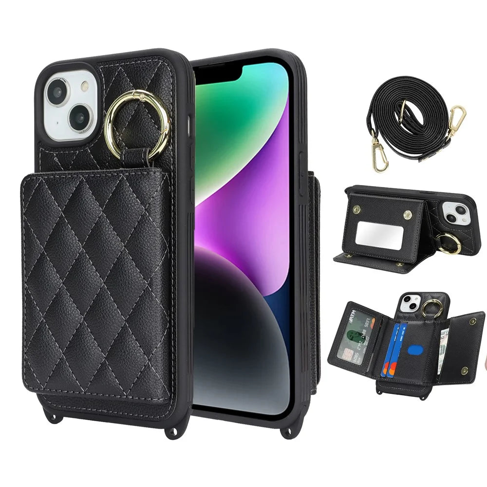 For iPhone 14 / 13 Case with Lanyard / Mirror / Card Holder Grids Pattern RFID Blocking Phone Cover - Black - 1