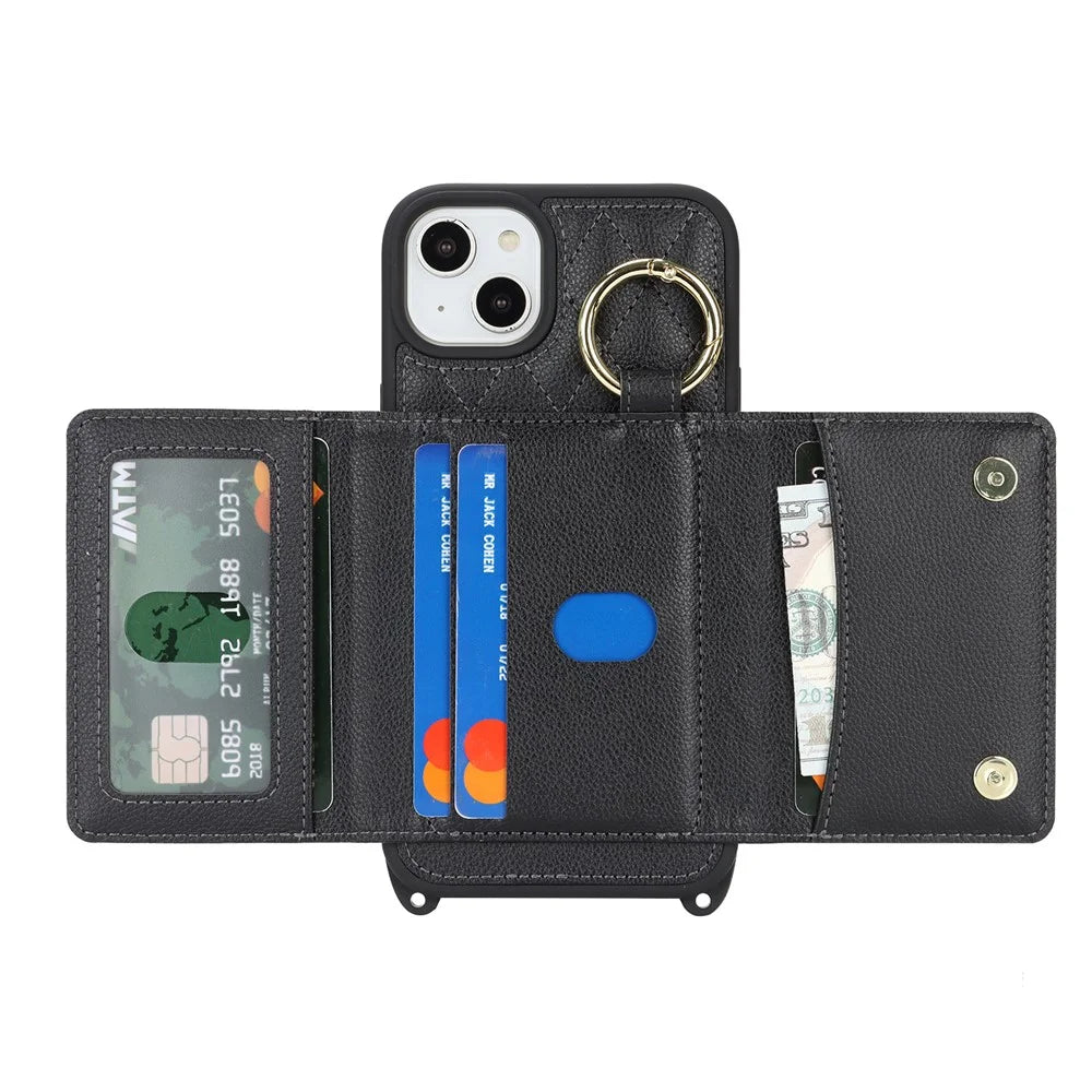 For iPhone 14 / 13 Case with Lanyard / Mirror / Card Holder Grids Pattern RFID Blocking Phone Cover - Black - 2