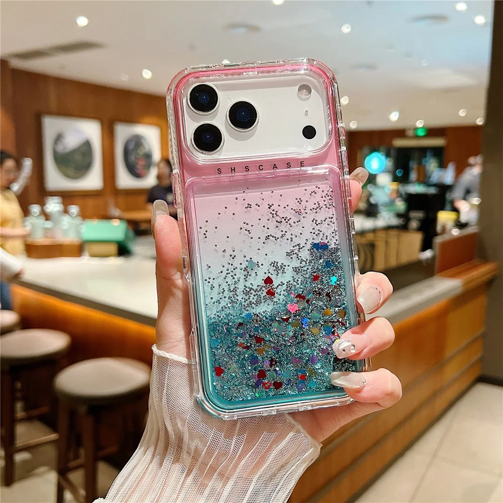 For iPhone 18 Pro Max / 17 Pro Max Case Gradient Quicksand Liquid Flowing Sparkle TPU + PC Back Cover - Pink / Baby Blue - 1