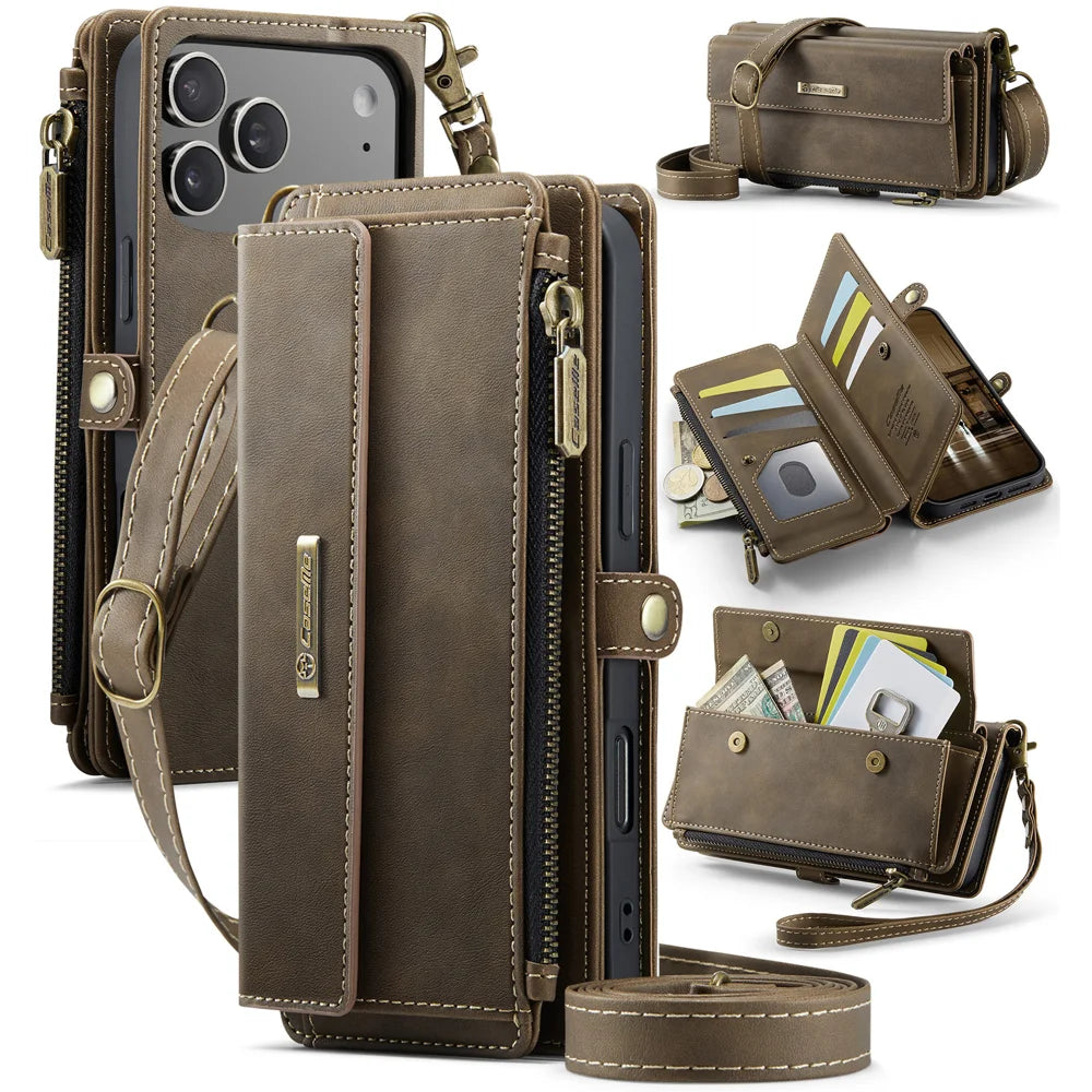 CASEME For iPhone 18 Pro Max / 17 Pro Max Case C39 RFID Blocking Zipper Wallet Stand Leather Cover with Strap - Brown - 1