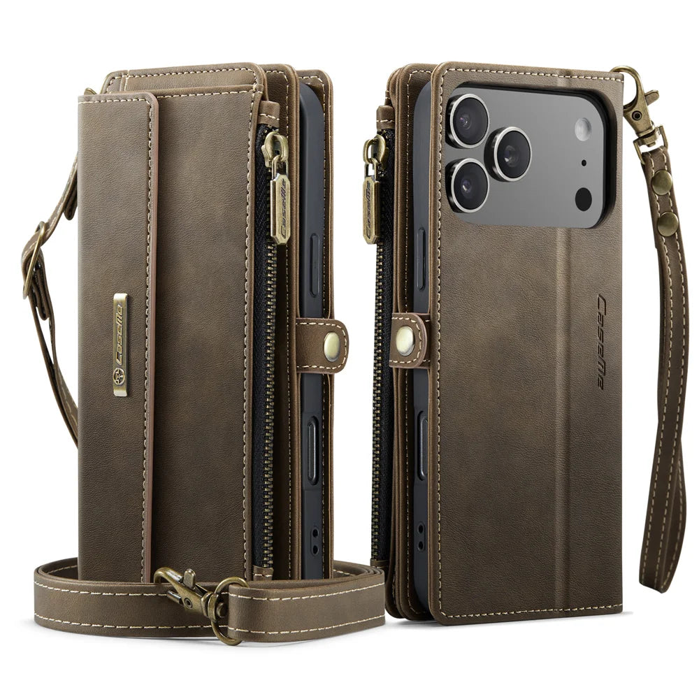 CASEME For iPhone 18 Pro Max / 17 Pro Max Case C39 RFID Blocking Zipper Wallet Stand Leather Cover with Strap - Brown - 2