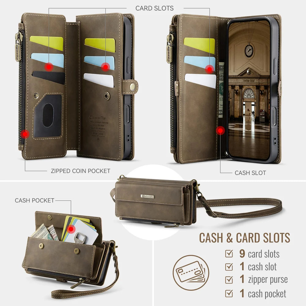 CASEME For iPhone 18 Pro Max / 17 Pro Max Case C39 RFID Blocking Zipper Wallet Stand Leather Cover with Strap - Brown - 3