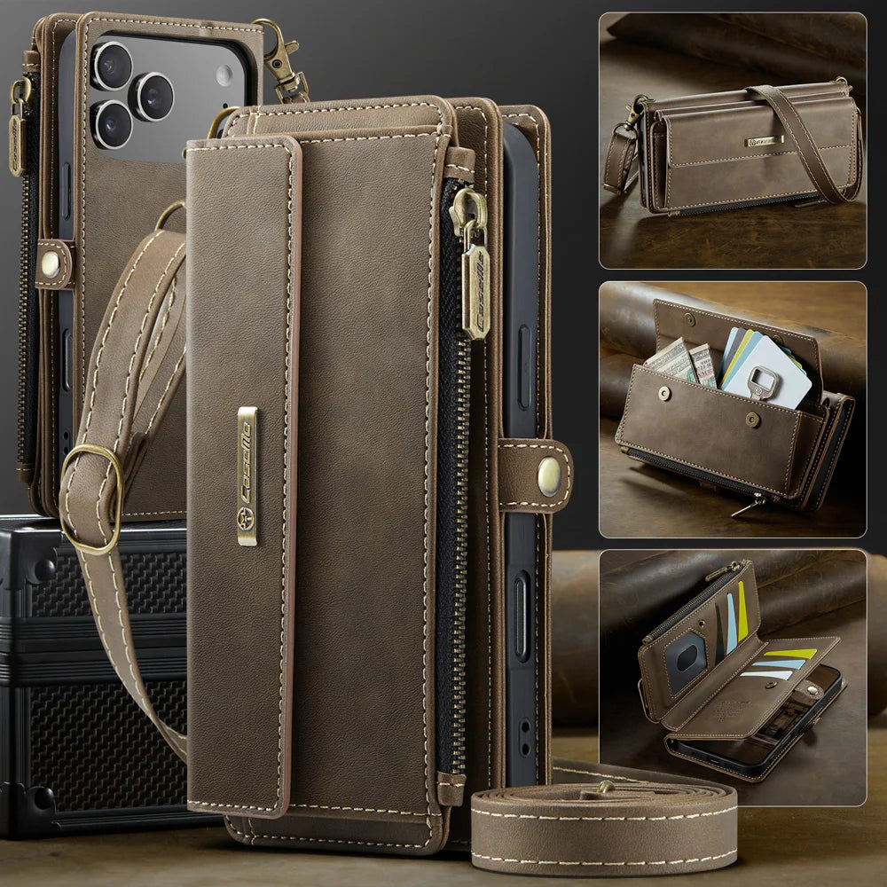 CASEME For iPhone 18 Pro Max / 17 Pro Max Case C39 RFID Blocking Zipper Wallet Stand Leather Cover with Strap - Brown - 5