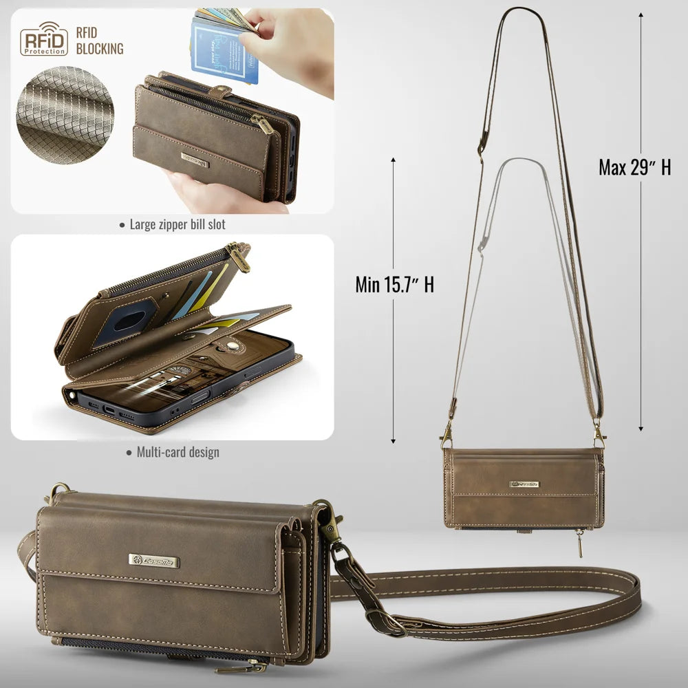 CASEME For iPhone 18 Pro Max / 17 Pro Max Case C39 RFID Blocking Zipper Wallet Stand Leather Cover with Strap - Brown - 6