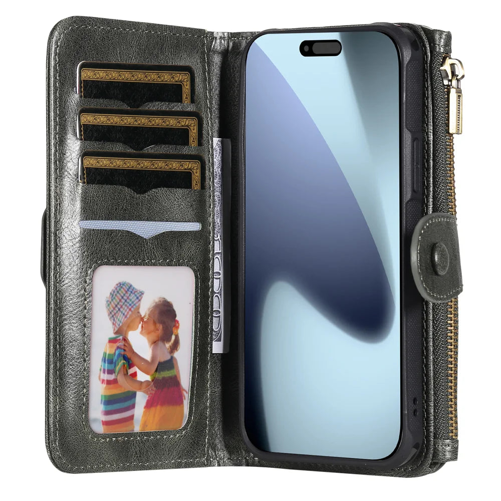 For iPhone 18 Pro Max / 17 Pro Max Phone Case PU Leather Zipper Wallet Detachable Cover - Green - 2