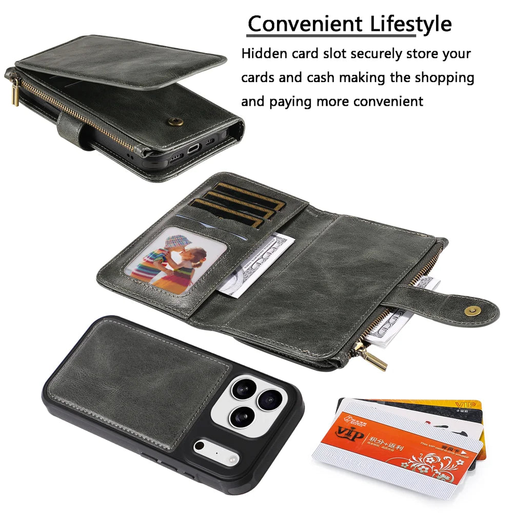 For iPhone 18 Pro Max / 17 Pro Max Phone Case PU Leather Zipper Wallet Detachable Cover - Green - 4