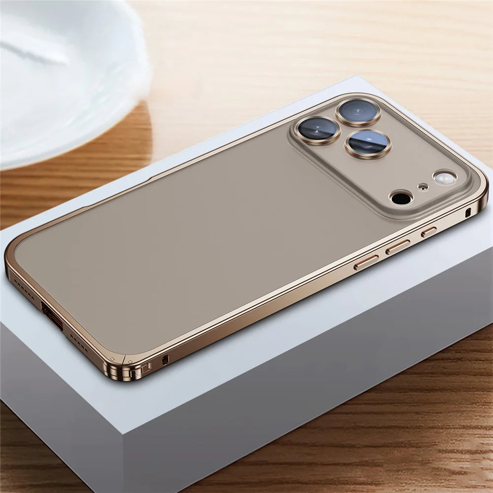 For iPhone 17 Pro Max Metal Clear Case Safety Lock Matte Anti-Fingerprint Back Cover - Gold - 2
