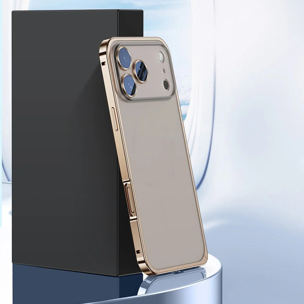 For iPhone 17 Pro Max Metal Clear Case Safety Lock Matte Anti-Fingerprint Back Cover - Gold - 7