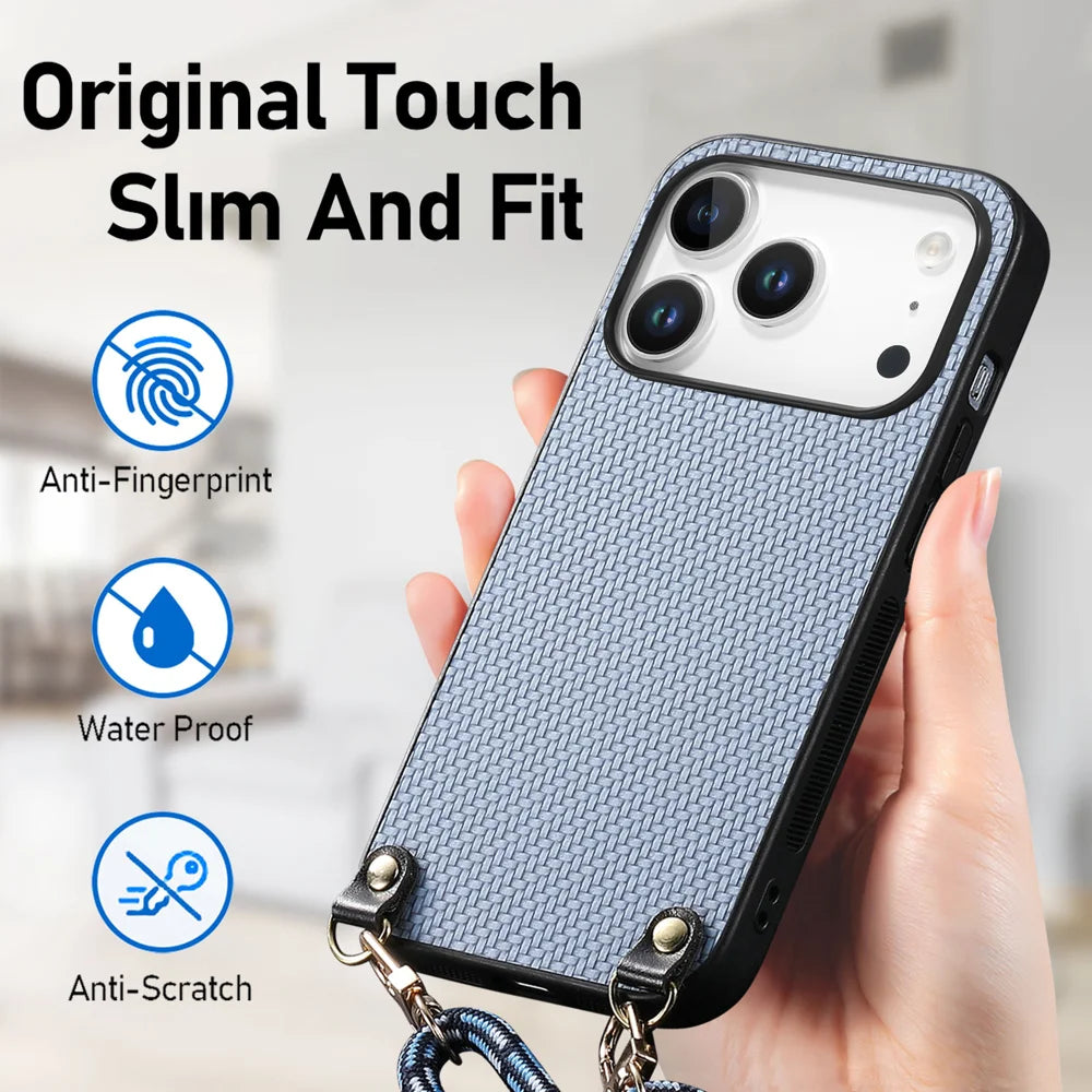 For iPhone 17 Pro Case Carbon Fiber Texture PU + PC + TPU Anti Drop Phone Cover with Crossbody Lanyard - Blue - 5