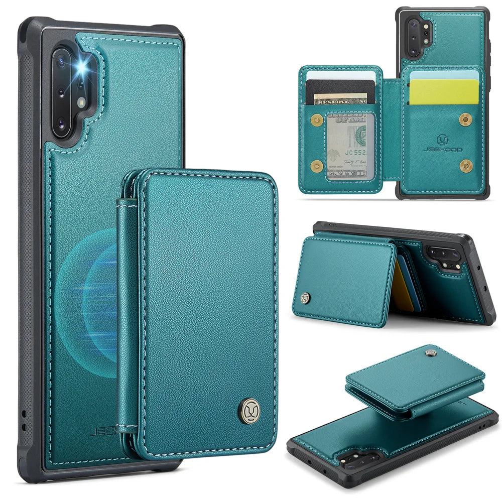 JEEHOOD For Samsung Galaxy Note 10 Plus 4G Case J05 Leather Mobile Cover with Detachable Magnetic Card Bag - Blue - 1