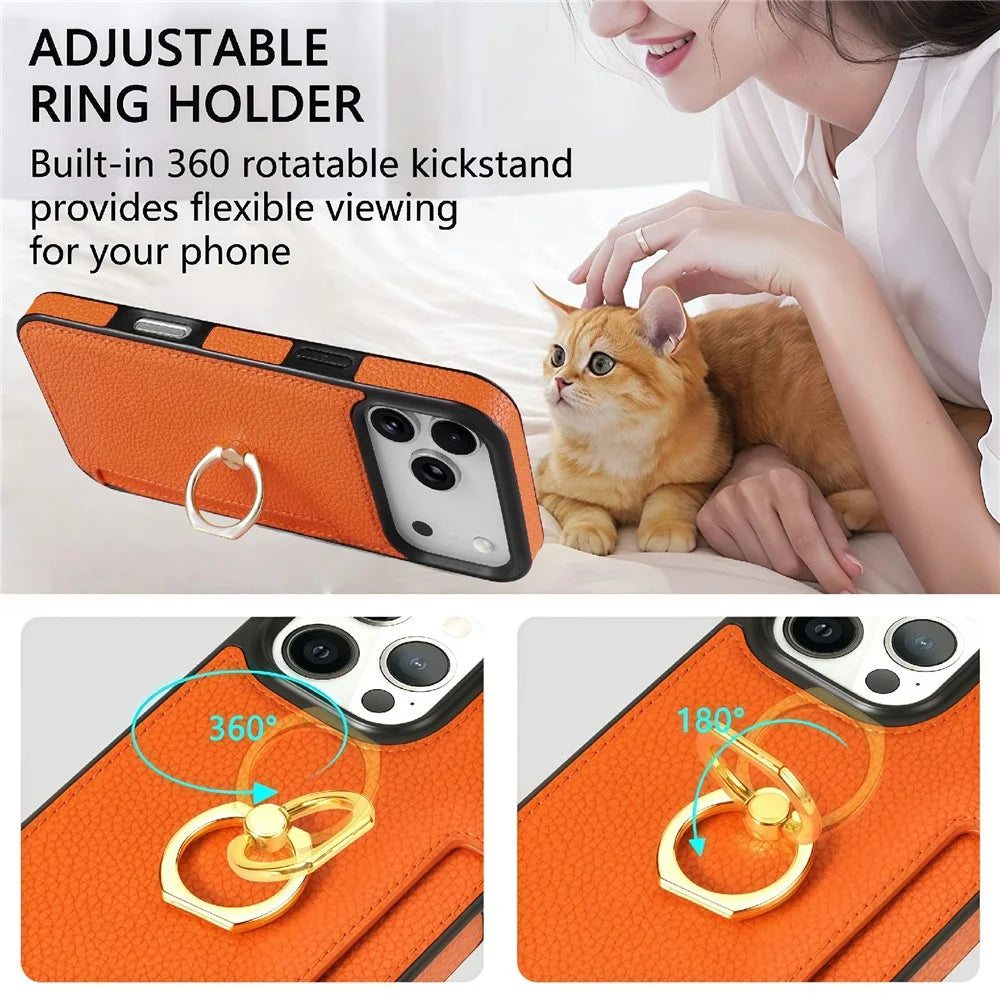 For iPhone 18 Pro Max / 17 Pro Max Case Ring Kickstand PU + TPU Card Holder Phone Cover - Orange - 7