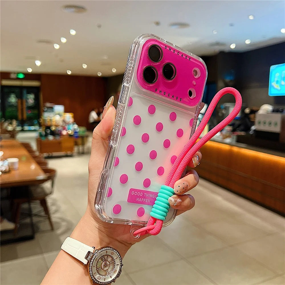 For iPhone 18 Pro / 17 Pro Case Polka Dot Pattern PC + TPU Phone Cover with Lens Film / Strap - Rose - 1
