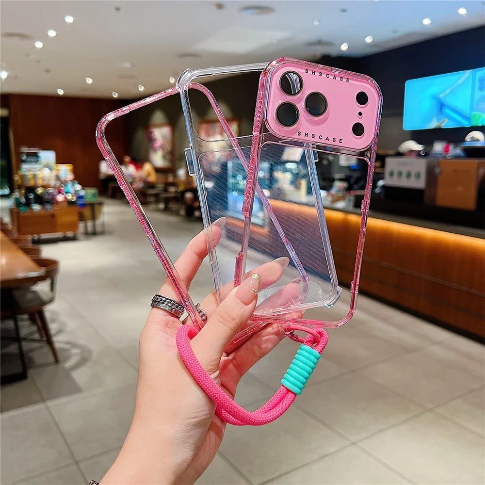 For iPhone 18 Pro Max / 17 Pro Max Case Clear Colorful Frame Drop-Proof TPU + PC Phone Back Cover with Lens Film / Strap - Pink - 2