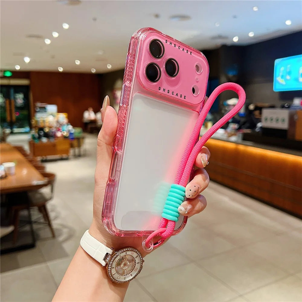 For iPhone 18 Pro / 17 Pro Case Clear Colorful Frame Drop-Proof TPU + PC Phone Back Cover with Lens Film / Strap - Pink - 1