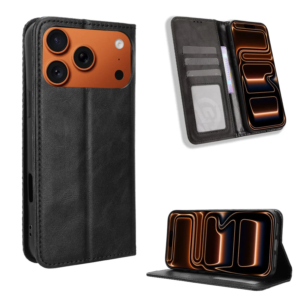 For iPhone 18 Pro Max / 17 Pro Max Leather Case Wallet Stand Retro Texture Phone Cover - Black - 1