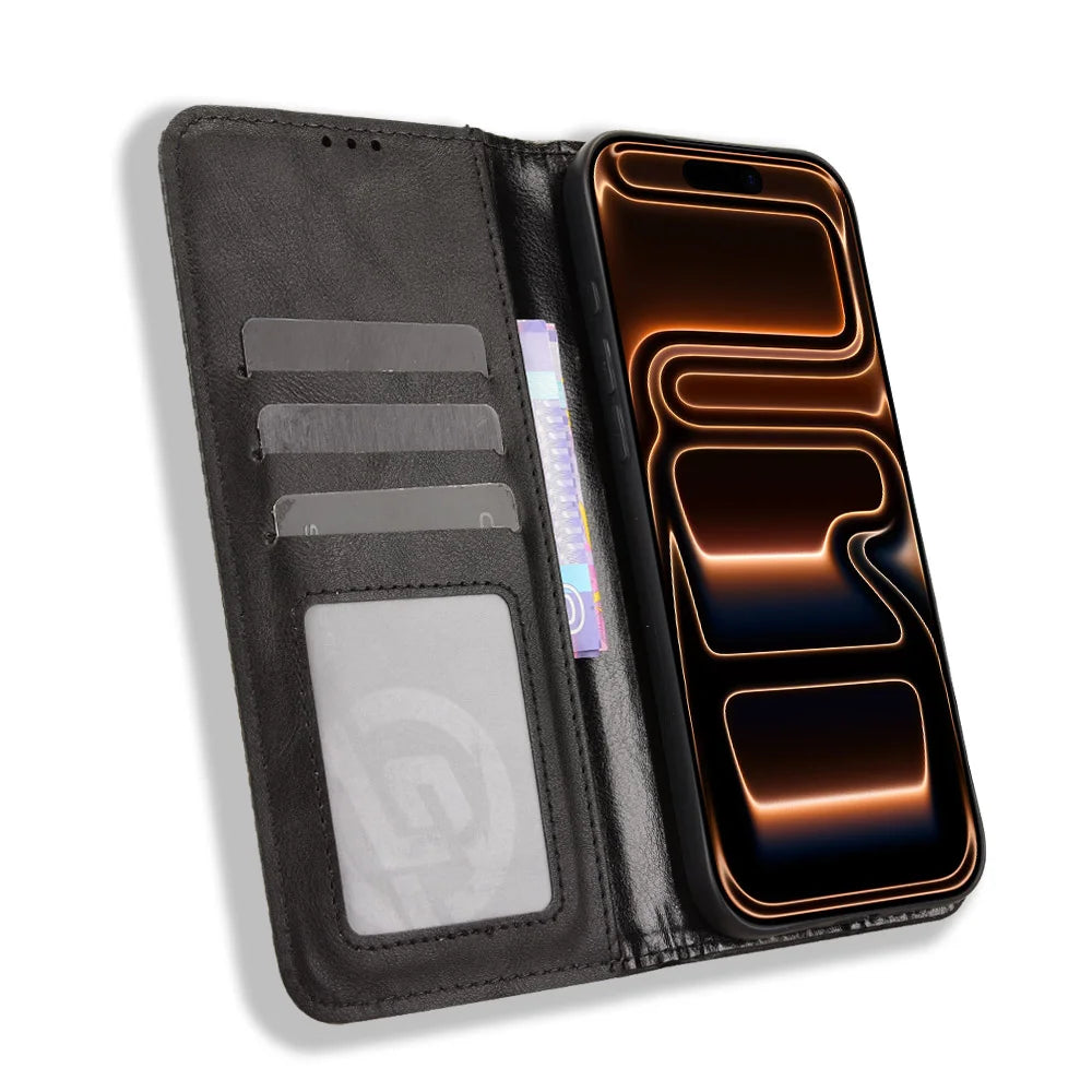 For iPhone 18 Pro Max / 17 Pro Max Leather Case Wallet Stand Retro Texture Phone Cover - Black - 6