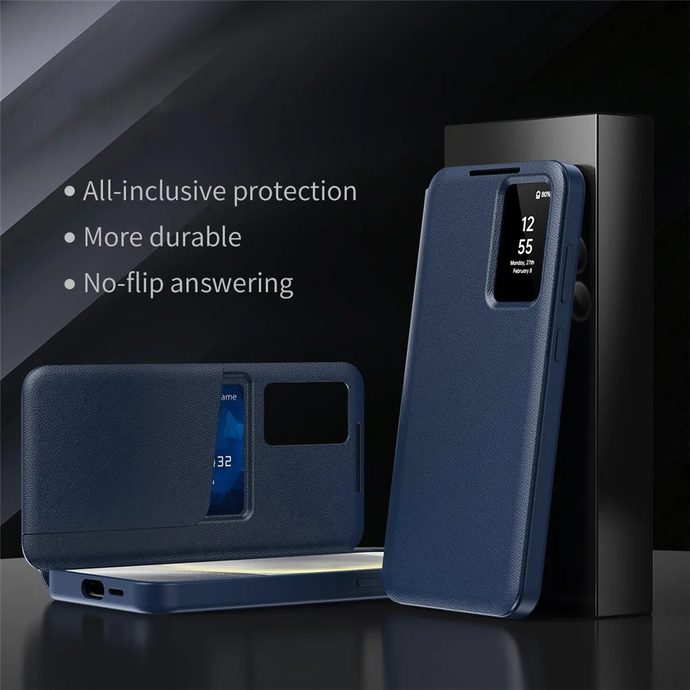 For Samsung Galaxy S25 FE Case with Card Holder Smart View Window Leather Phone Cover - Sapphire - 3