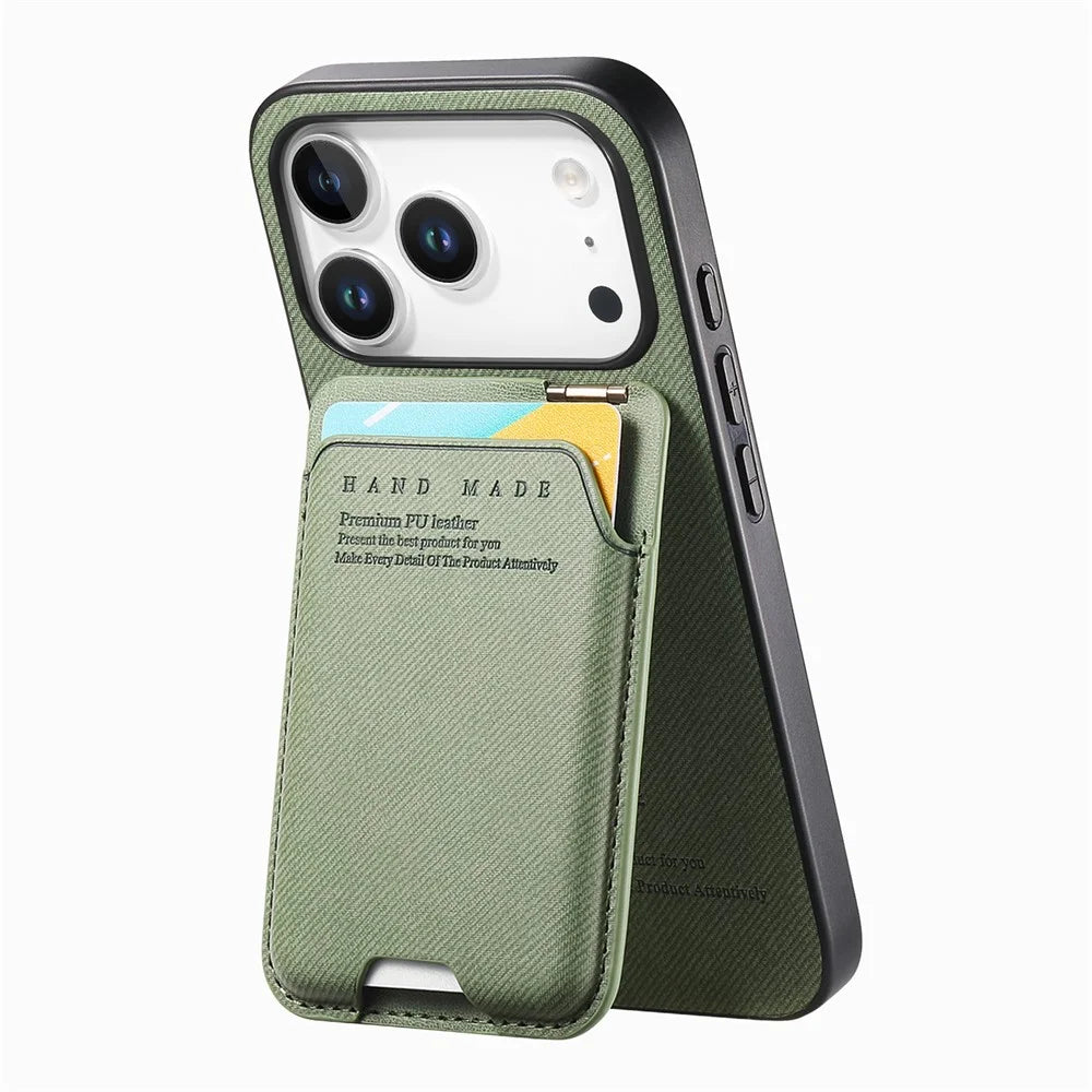 For iPhone 17 Pro Case Cloth Texture Leather + PC + TPU Phone Cover with Card Holder Kickstand - Green - 3