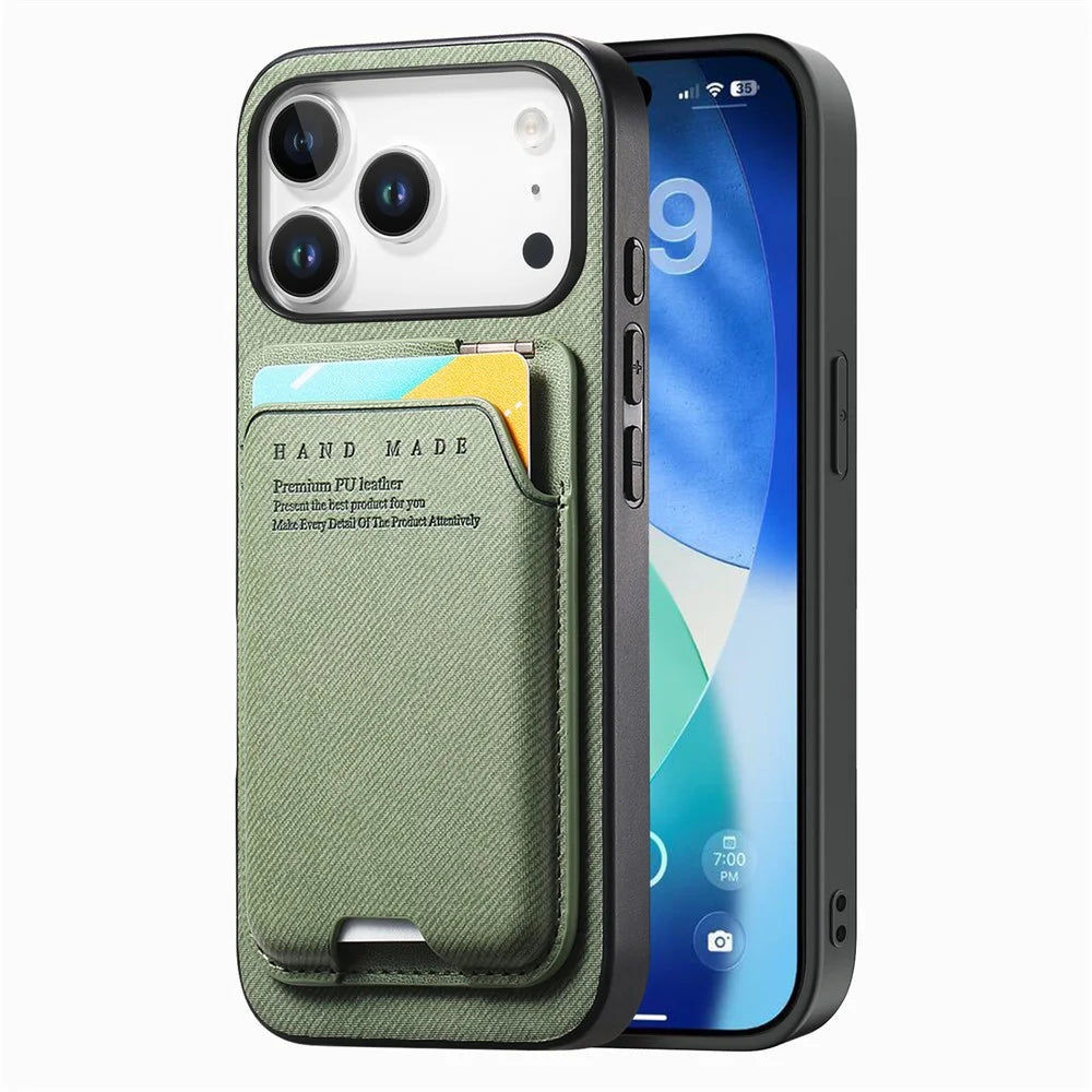 For iPhone 17 Pro Case Cloth Texture Leather + PC + TPU Phone Cover with Card Holder Kickstand - Green - 5