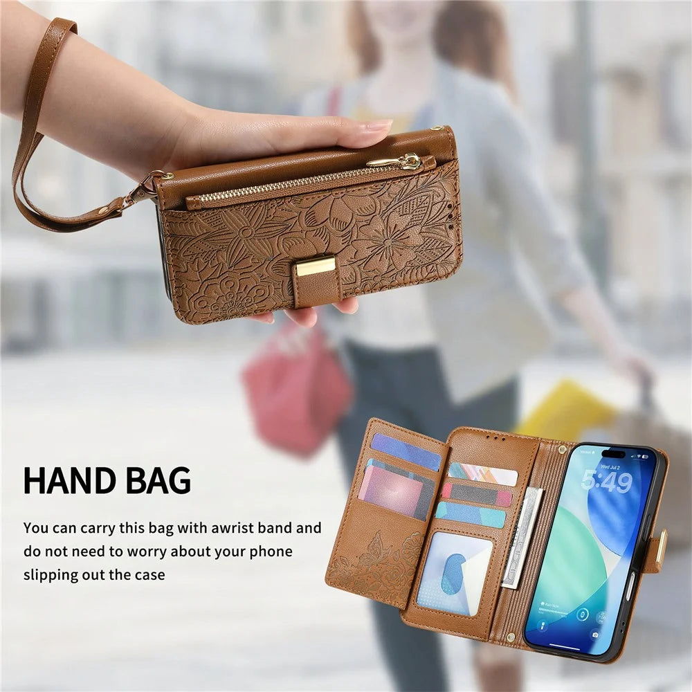 For iPhone 18 Pro / 17 Pro Case Floral Leaf Pattern Multi Card Slots Zipper Leather Phone Cover with Wrist Strap - Brown - 5