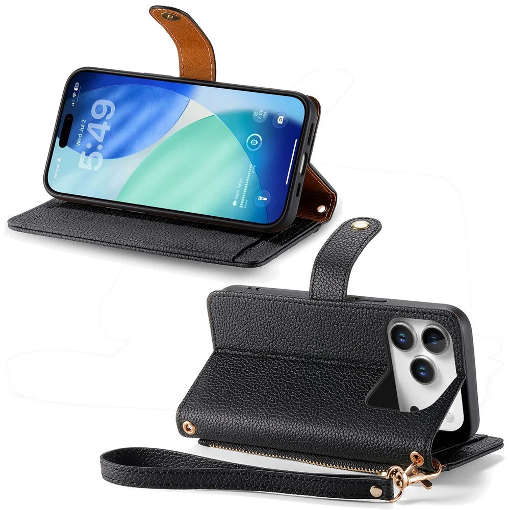 For iPhone 18 Pro Max / 17 Pro Max Case RFID Blocking Zipper Pocket Leather Wallet Phone Cover with Strap - Black - 3