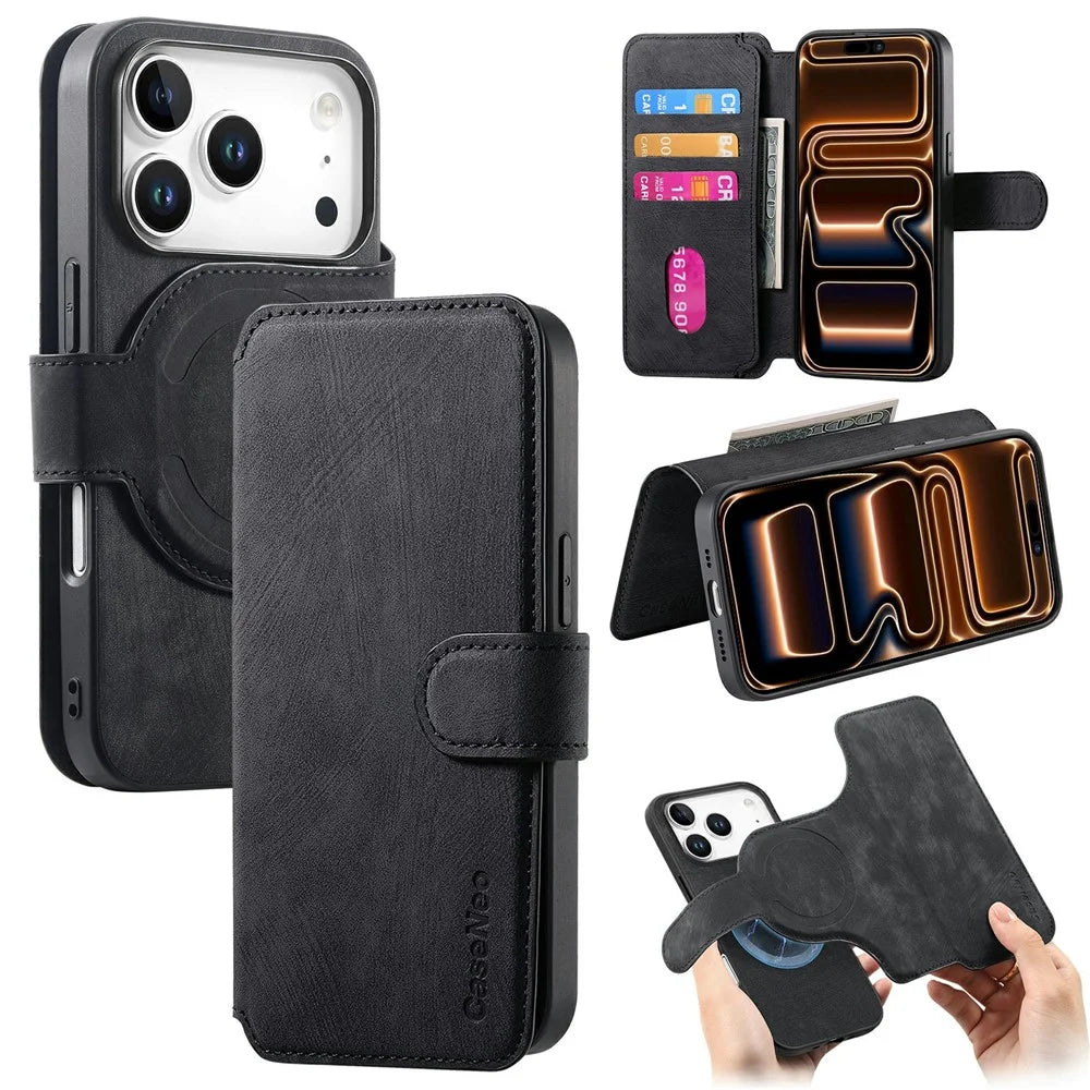 CASENEO MW-03 For iPhone 18 Pro Max / 17 Pro Max Case with Detachable Wallet Leather + TPU Phone Cover - Black - 1
