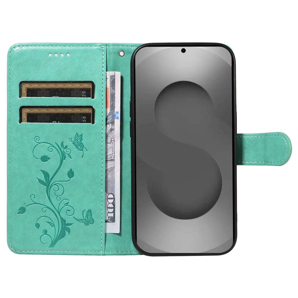 For Samsung Galaxy S26 Ultra PU Leather Cases Flower Pattern Wallet Stand Phone Cover with Strap - Green - 2
