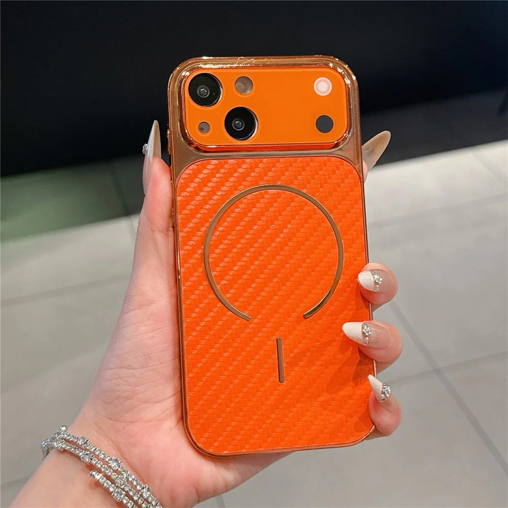 For iPhone 13 Electroplated Phone Case Transfer to 17 Pro Shockproof TPU PU Back Cover - Carbon Fiber Texture - 1