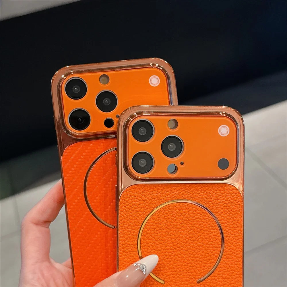 For iPhone 13 Pro Max Electroplated Phone Case Transfer to 17 Pro Max Shockproof TPU PU Back Cover - Litchi Texture - 7