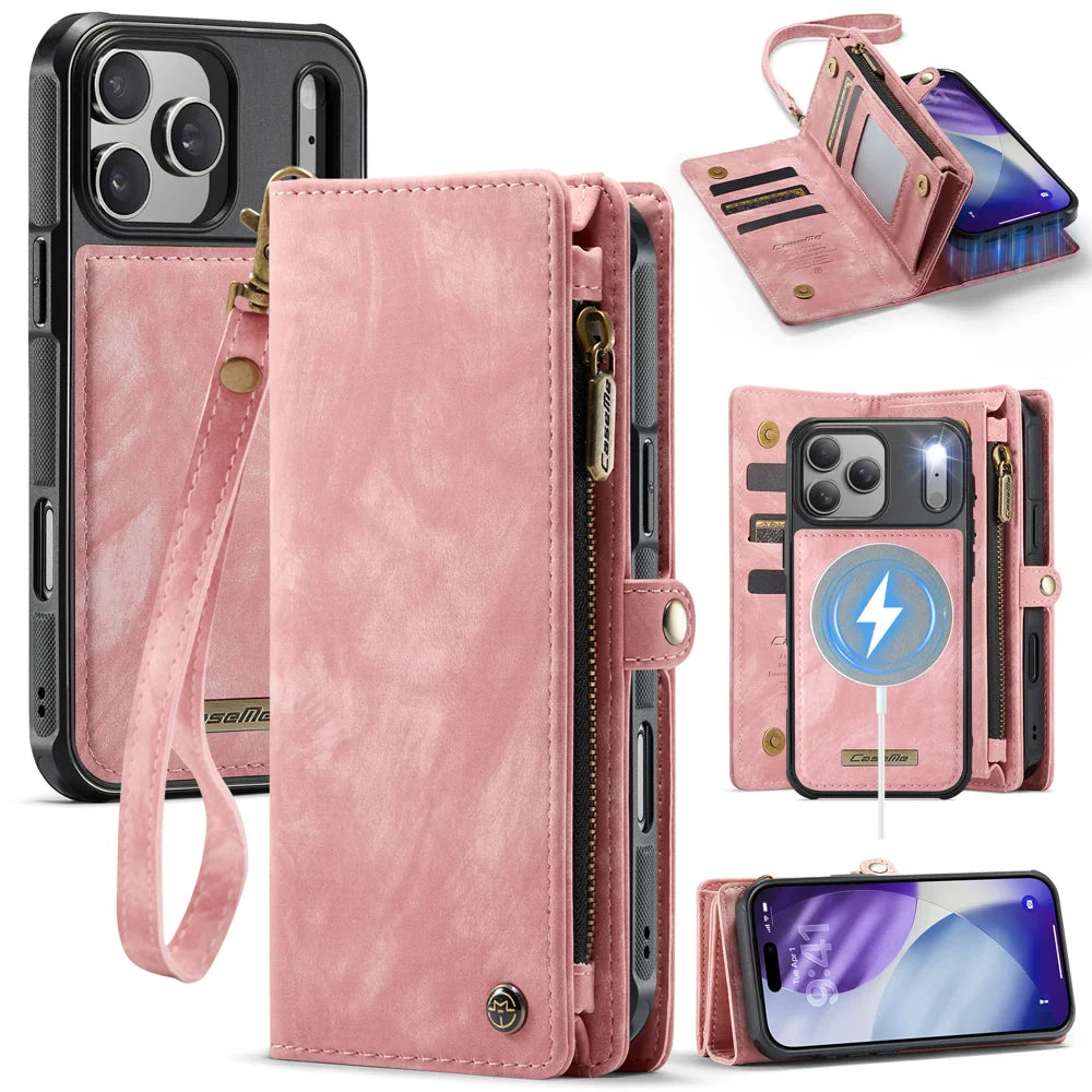 CASEME For iPhone 18 Pro Max / 17 Pro Max Phone Cases 008 Leather Cover with Detachable Wallet and Strap - Pink - 1