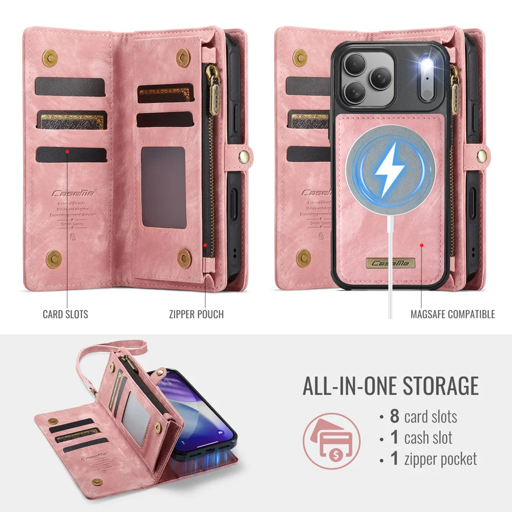 CASEME For iPhone 18 Pro Max / 17 Pro Max Phone Cases 008 Leather Cover with Detachable Wallet and Strap - Pink - 3