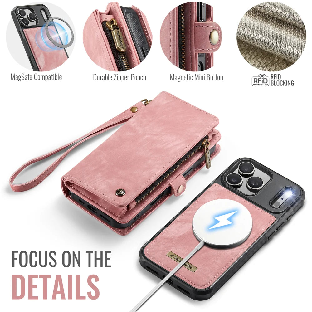 CASEME For iPhone 18 Pro Max / 17 Pro Max Phone Cases 008 Leather Cover with Detachable Wallet and Strap - Pink - 5