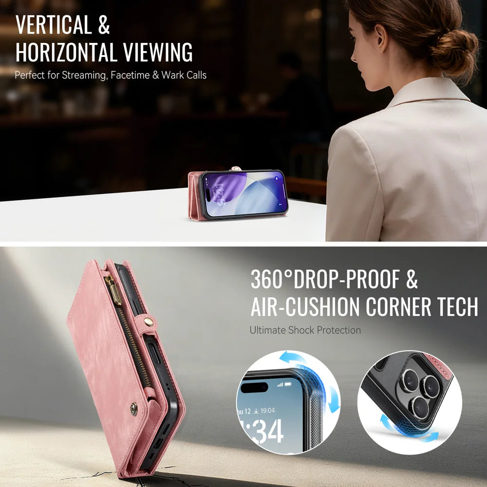 CASEME For iPhone 18 Pro Max / 17 Pro Max Phone Cases 008 Leather Cover with Detachable Wallet and Strap - Pink - 6