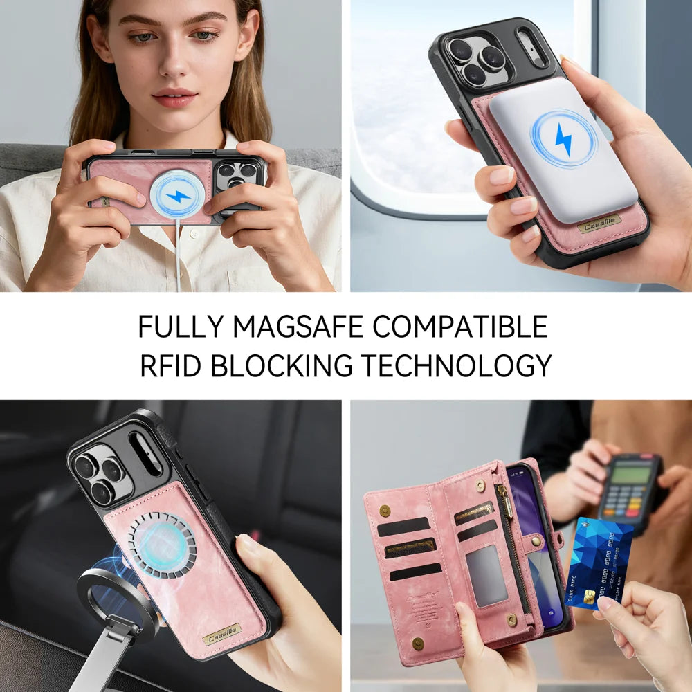 CASEME For iPhone 18 Pro Max / 17 Pro Max Phone Cases 008 Leather Cover with Detachable Wallet and Strap - Pink - 7