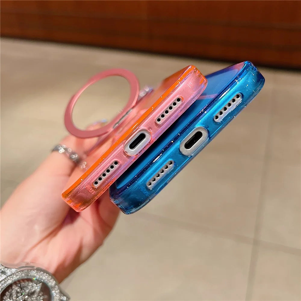 For iPhone 18 Pro Max / 17 Pro Max Magnetic Case 360 Rotating Ring Kickstand Gradient Clear TPU Phone Back Cover - Pink - 7