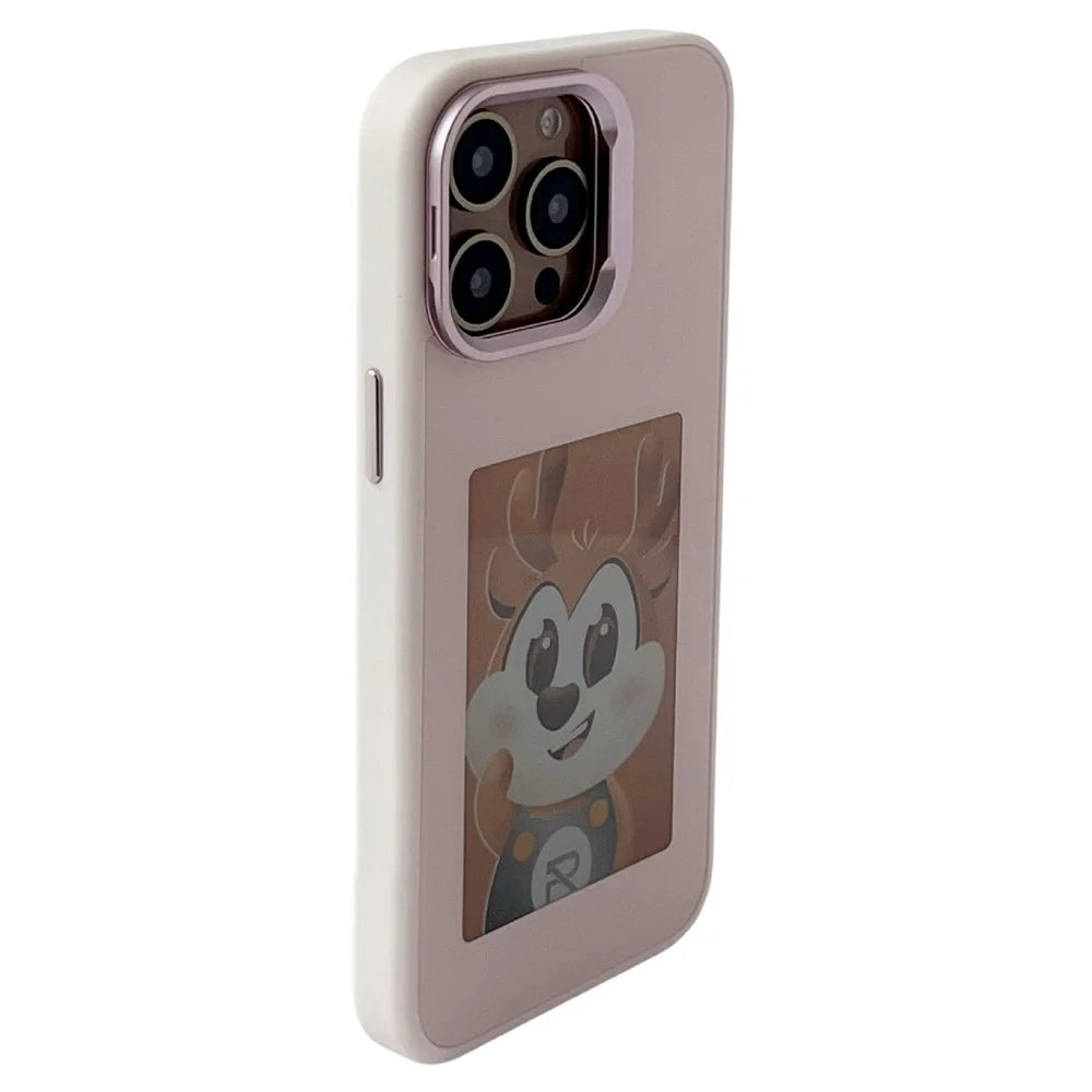 For iPhone 14 Pro Smart E-Ink Magnetic Case Lens Kickstand 4 Color HD 4 inch Display NFC DIY Customized Screen - Pink - 1